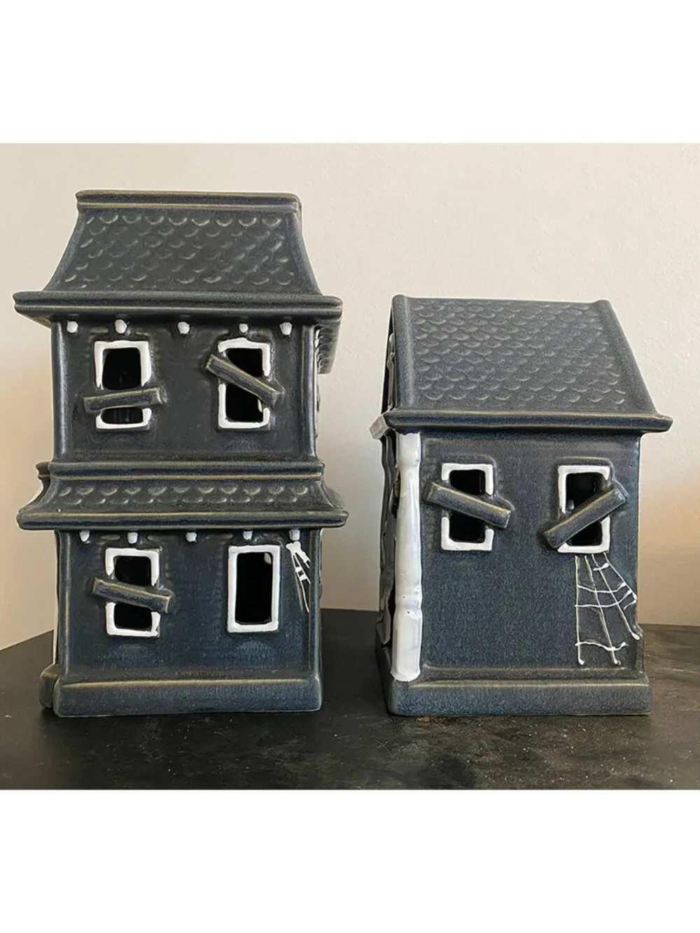 NEW Pottery Barn Ceramic Haunted Houses 2 Pc SET Small-Medium Halloween Decor